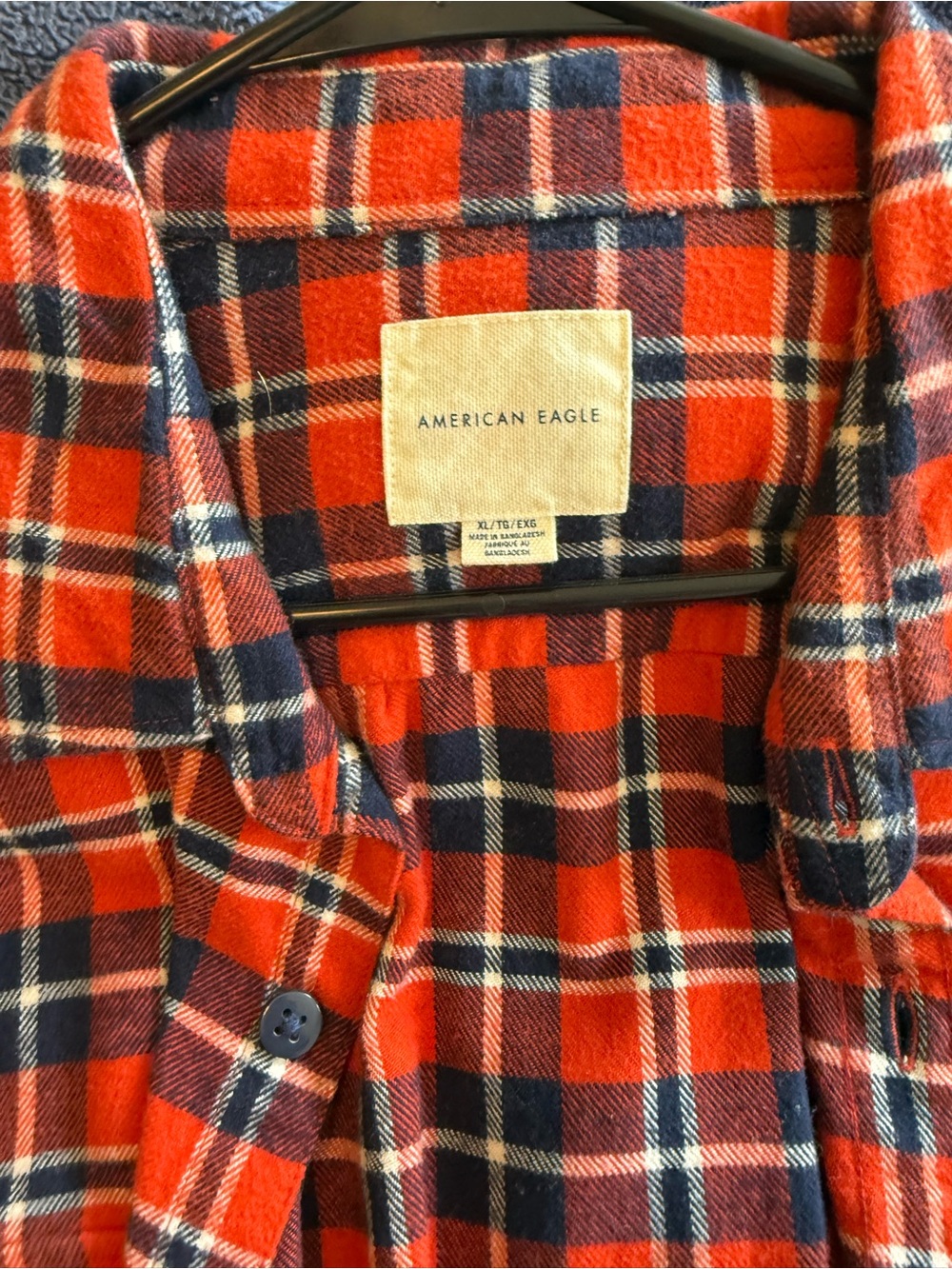 American Eagle Outfitters Orange and Navy Plaid Button-Down Shirt